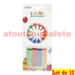 Lot de 12 cartes de 24 Bougies anniversaire à Spirales + Bobèches Lot de 12 cartes de 24 Bougies anniversaire à Spirales + Bobèches