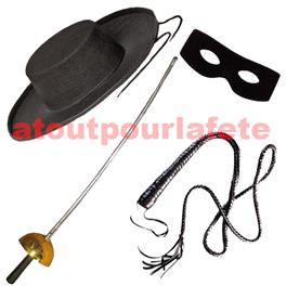 Set de Justicier,Zorro,Vengeur masqué (Chapeau+loup+fouet+fleuret) (4 pièces)