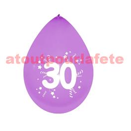 Sachet de 10 Ballons Jubilé "30"  25cms couleur assorties