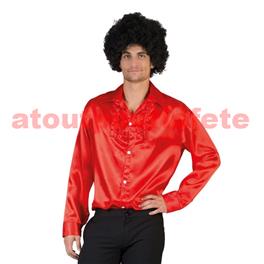 Chemise Disco Rouge à jabot, satin, adulte, 1970-1980 Chemise Disco Rouge à jabot, satin, adulte, 1970-1980