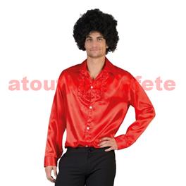 Chemise Disco Rouge à jabot, satin, adulte, 1970-1980