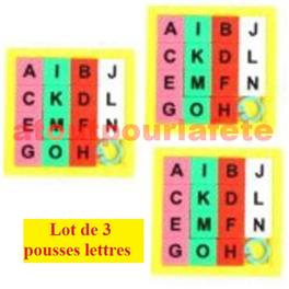 Lot de 3 pousse lettres pour lot de kermesse ou anniversaire (plastique) Lot de 3 pousse lettres pour lot de kermesse ou anniversaire (plastique)